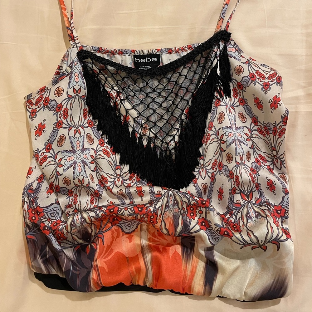Bebe Small floral crop top with tassels